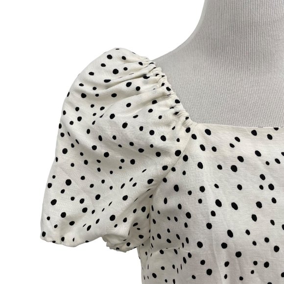 LOFT Size 8P Black Polka Dot Linen Blend Flounce Dress Square Neck Puff Sleeve - Picture 2 of 10